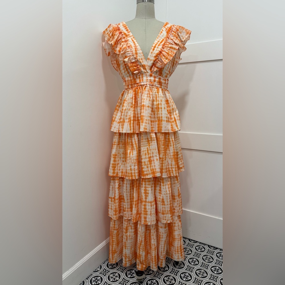 L'ATISTE Print Milty Tired Ruffle Maxi Orange Summer Dress Size S Vacation